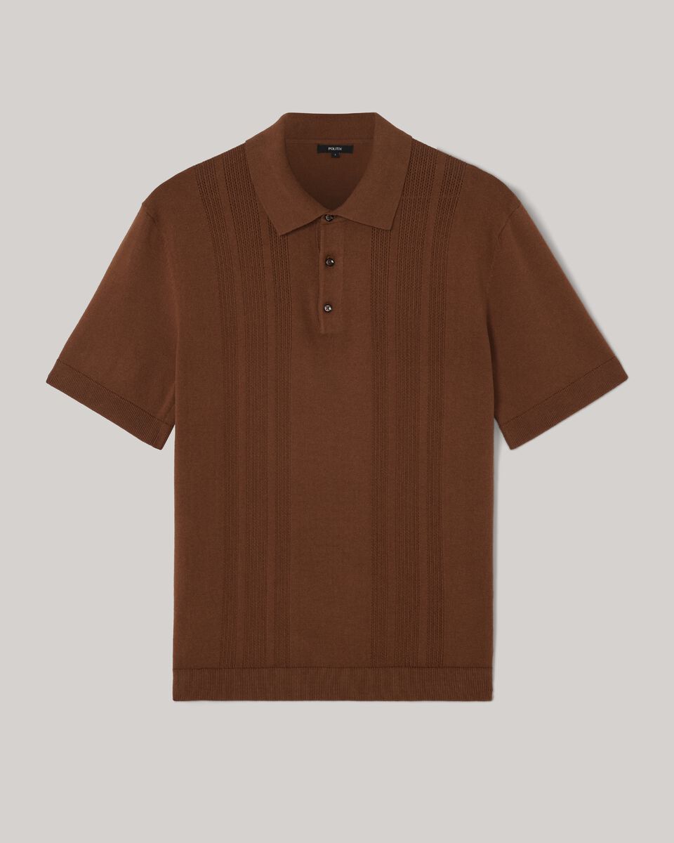 Knitted Pointelle Short Sleeve Polo, Tan, hi-res